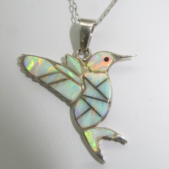 Vintage Jewelry - Signed Sterling Opal Inlay Hummingbird Necklace